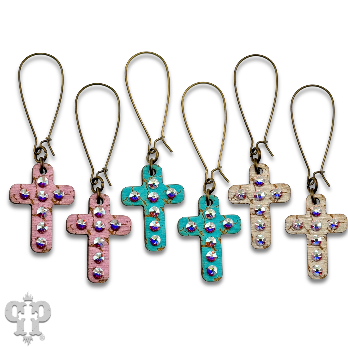 Mini wood cross earring with Austrian crystals: Pink