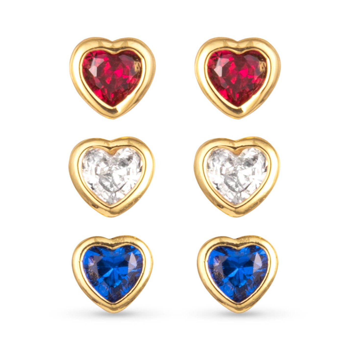 Gold Red White Blue CZ Hearts Stud Trio Amanda