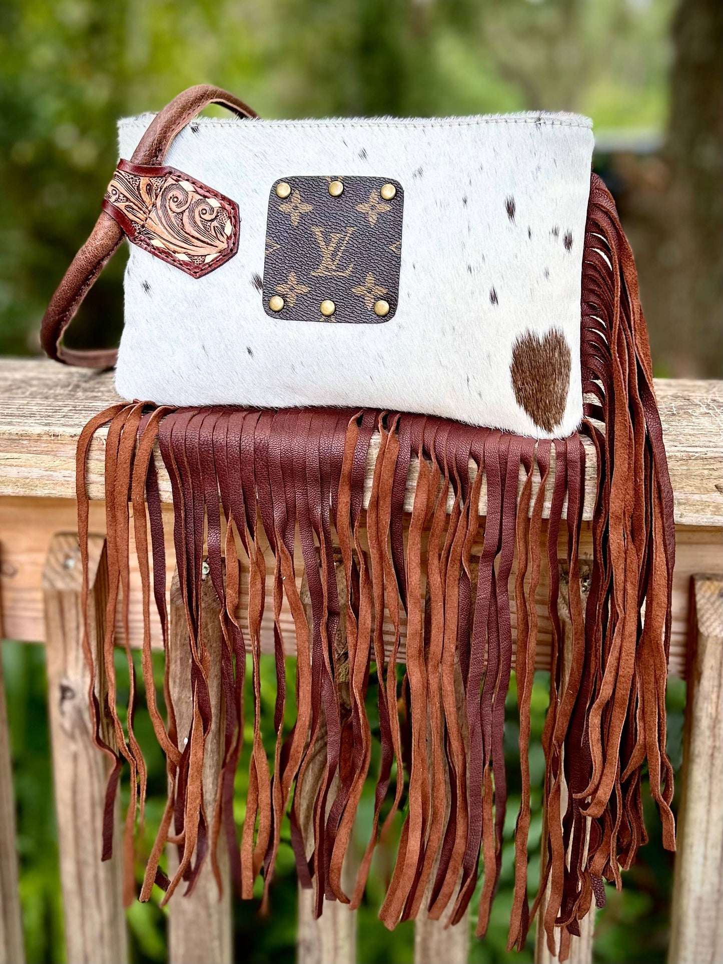 Upcycled LV Cowhide Leather Fringe Wristlet Wallet Bag Boho Southern Junkie