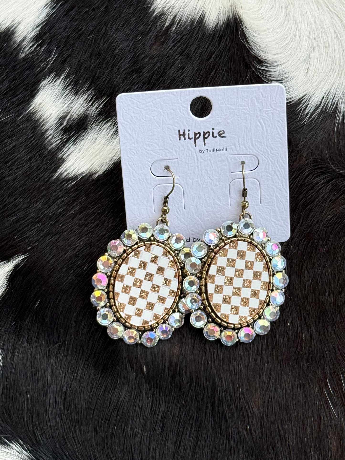 Gold And White Checkerboard Bling Earrings