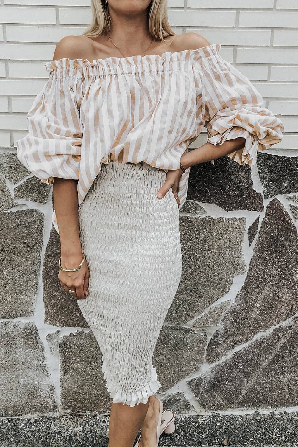 Stripe Print Frilled Elastic Off Shoulder Top: Full Time Purchase