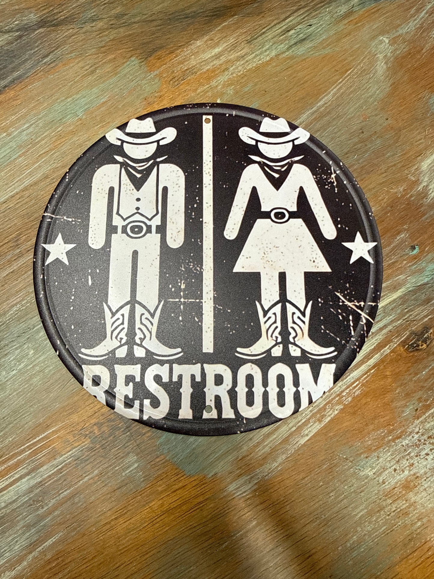 Round Metal Western Bathroom Sign