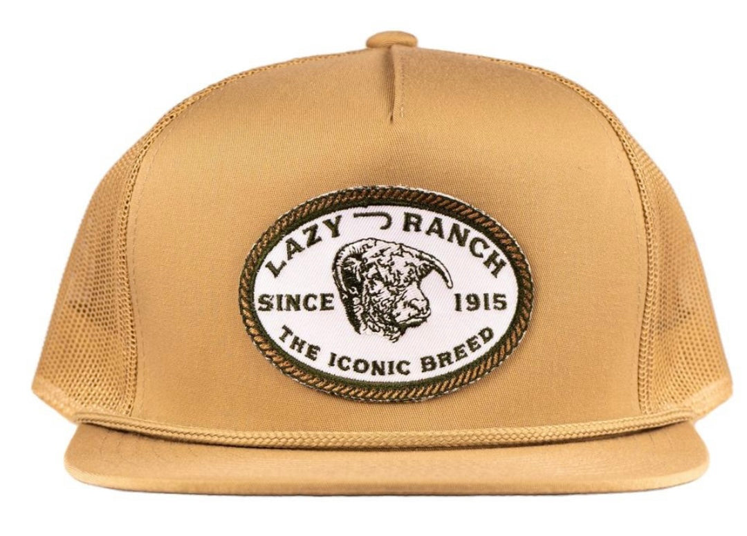 LAZY J RANCH TAN OLIVE ICONIC BREED PATCH CLASSIC ROPE TRUCKER HAT