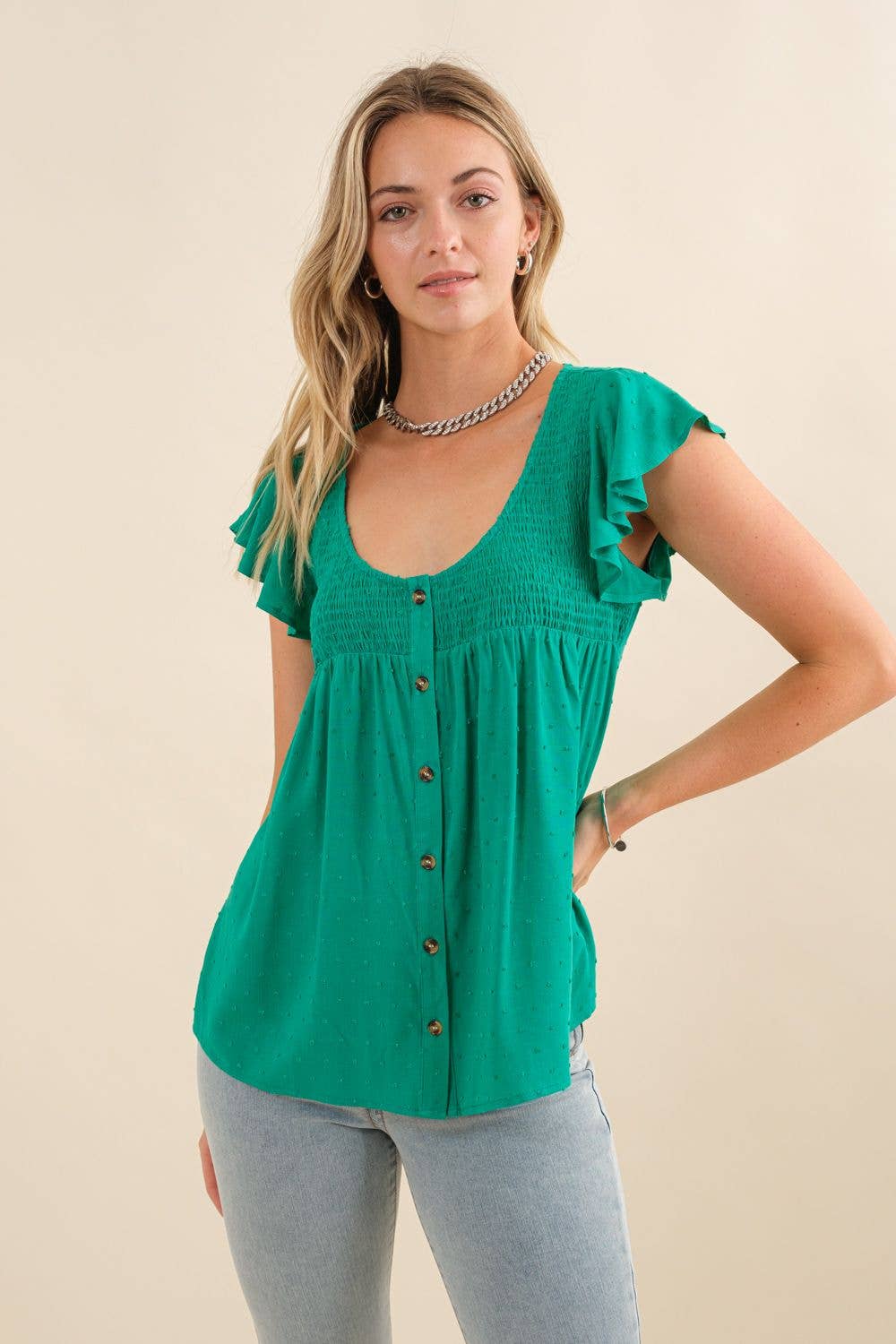 Smocked Yolk Ruffle Cap Sleeve Button Down Top: Kelly Green