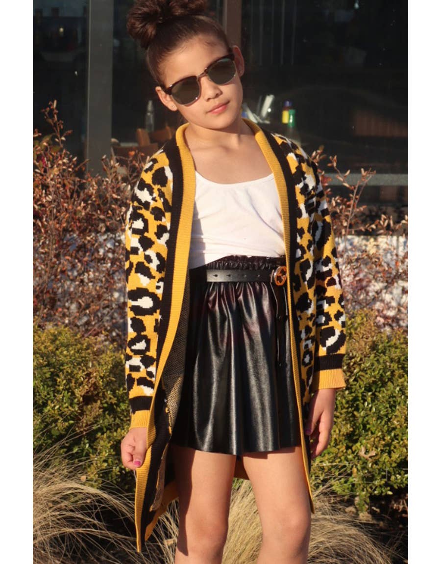 Girl's Sweater Long Cardigan: Leopard Mustard Black White Cutie Patootie