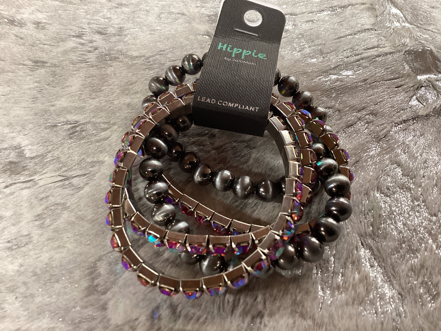 Pink stone stretchy bracelet w/grey stretchy bracelets