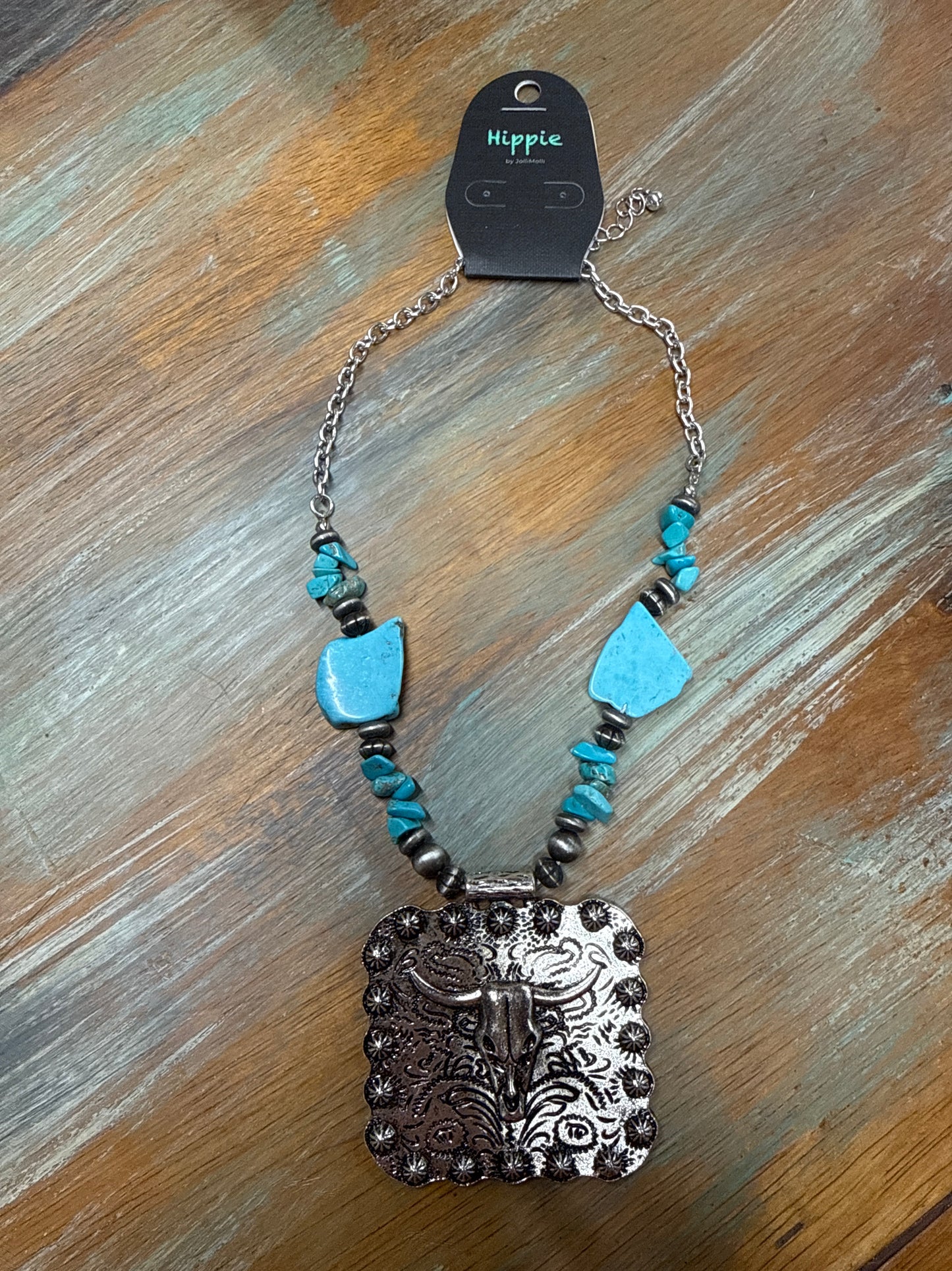 Steer Head Tooled Square Pendant with Turquoise Necklace Hippie