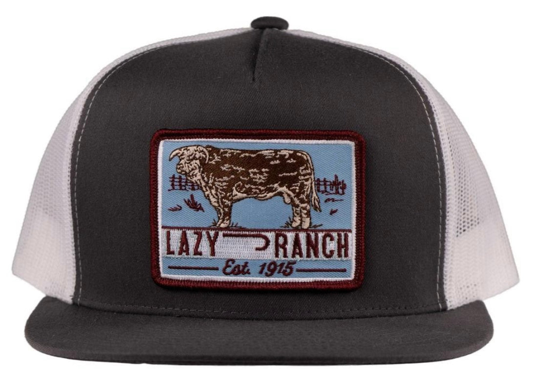 LAZY J RANCH GREY WHITE BULL TRAP PATCH CLASSIC FIVE PANEL TRUCKER HAT