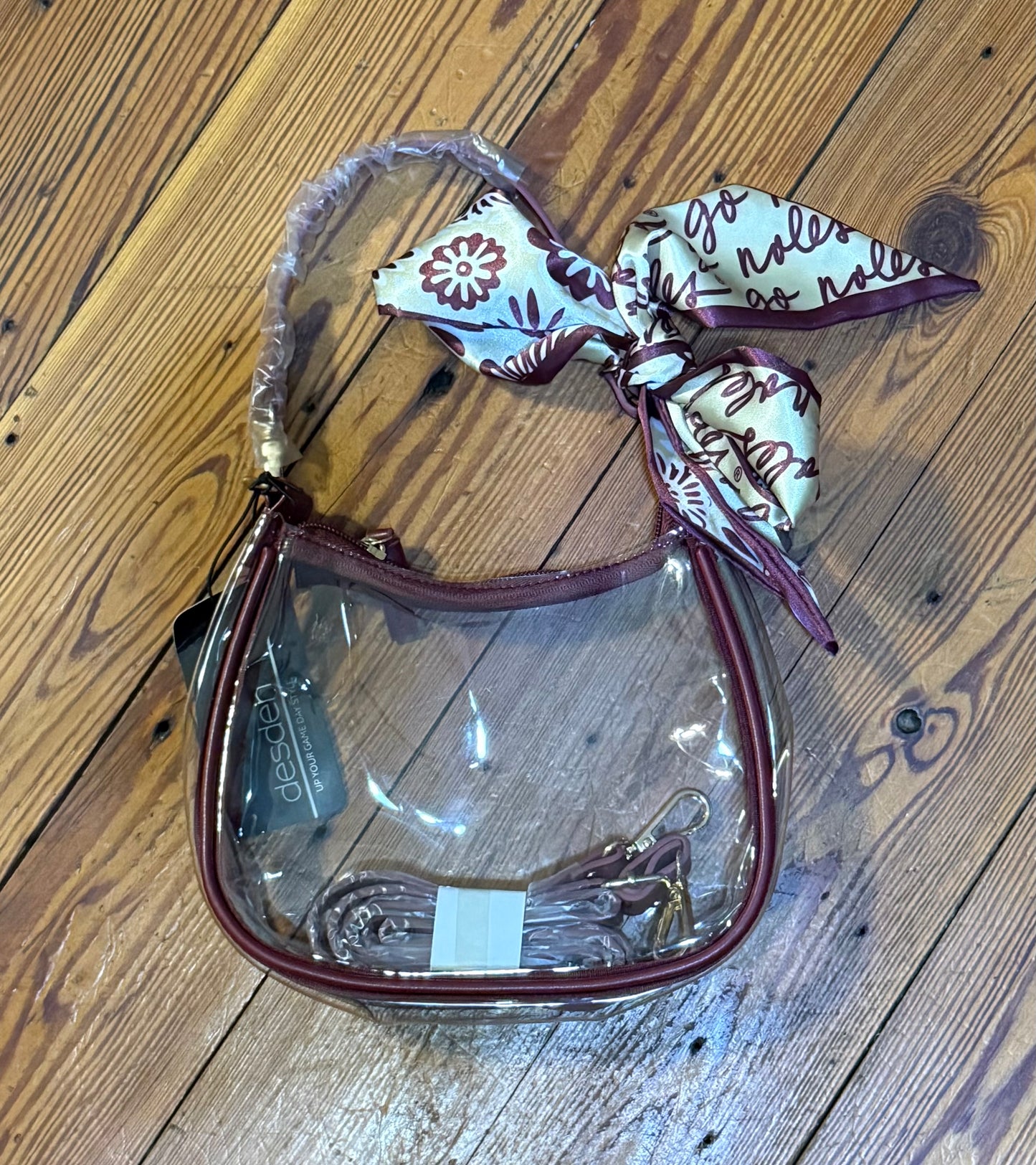 The Noles Clara Clear Purse ( Maroon)& Removable Skinny Scarf Acessory Florida State Seminoles