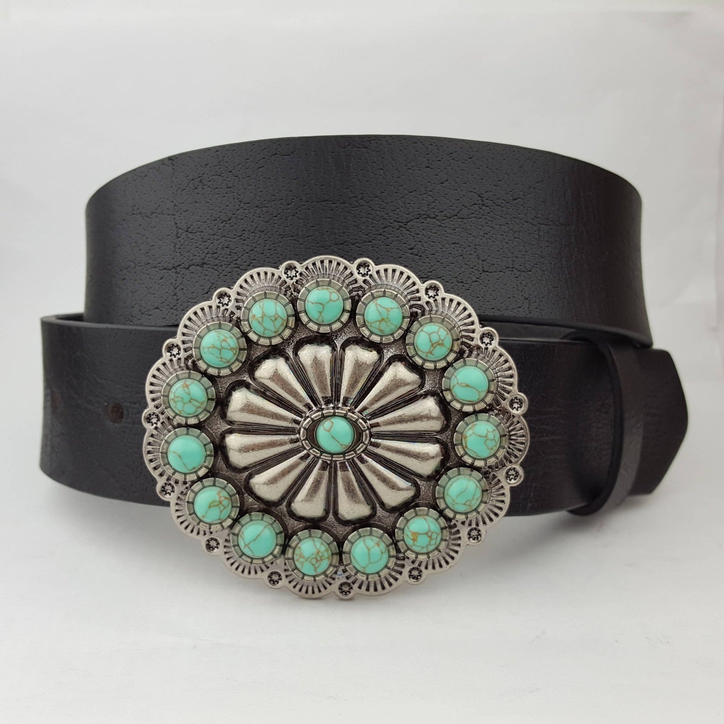 Genuine leather belt w. Western Turquoise Buckle: Brown Axesoria
