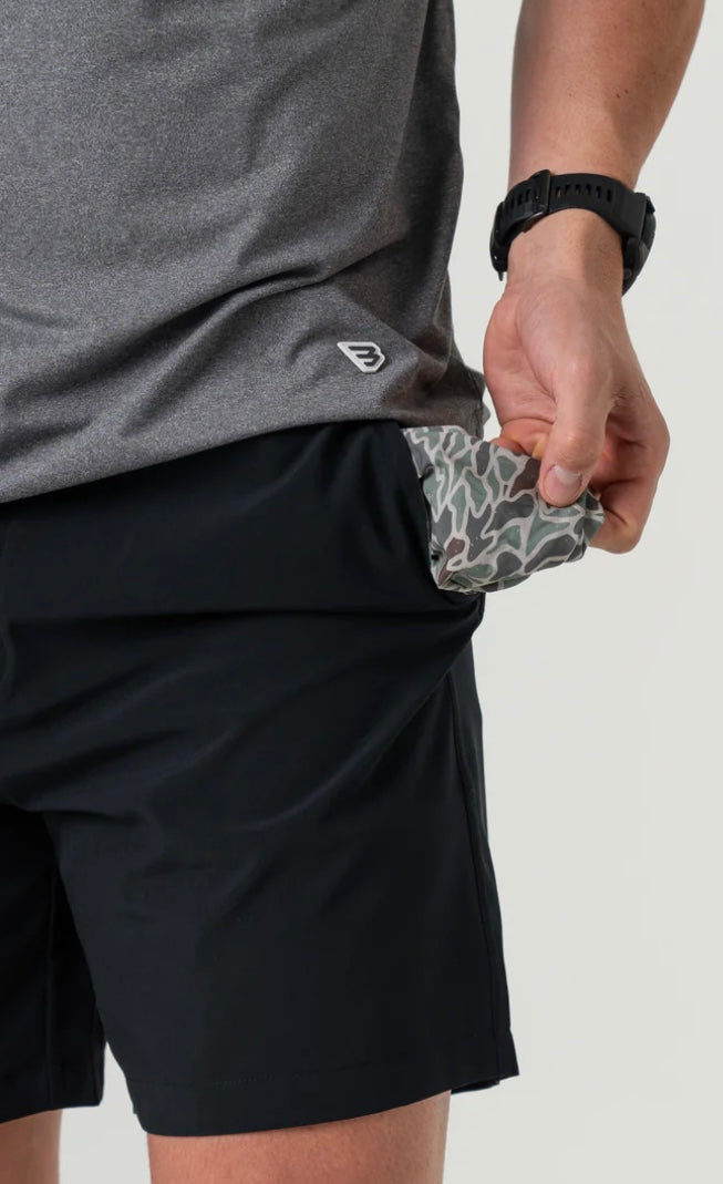 Matte Black Everyday Shorts with Retro Duck Camo Pockets Burlebo Original 7”