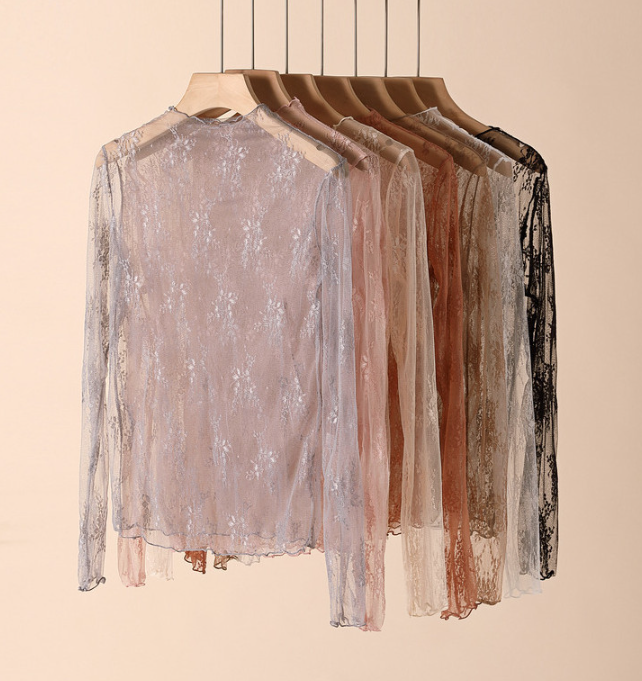 Semi Sheer Mesh Floral Lace Layering See Through Top: Caramel Rosa