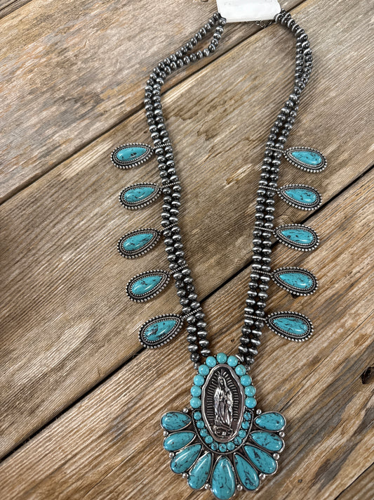 Virgin Mary Western Navajo Pearl and Turquoise Necklace
