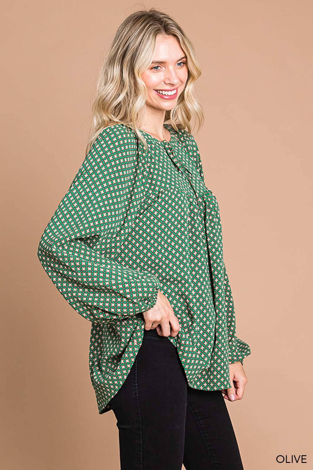 Boho Tile Print Bubble Sleeve Women's Blouse cotton blue