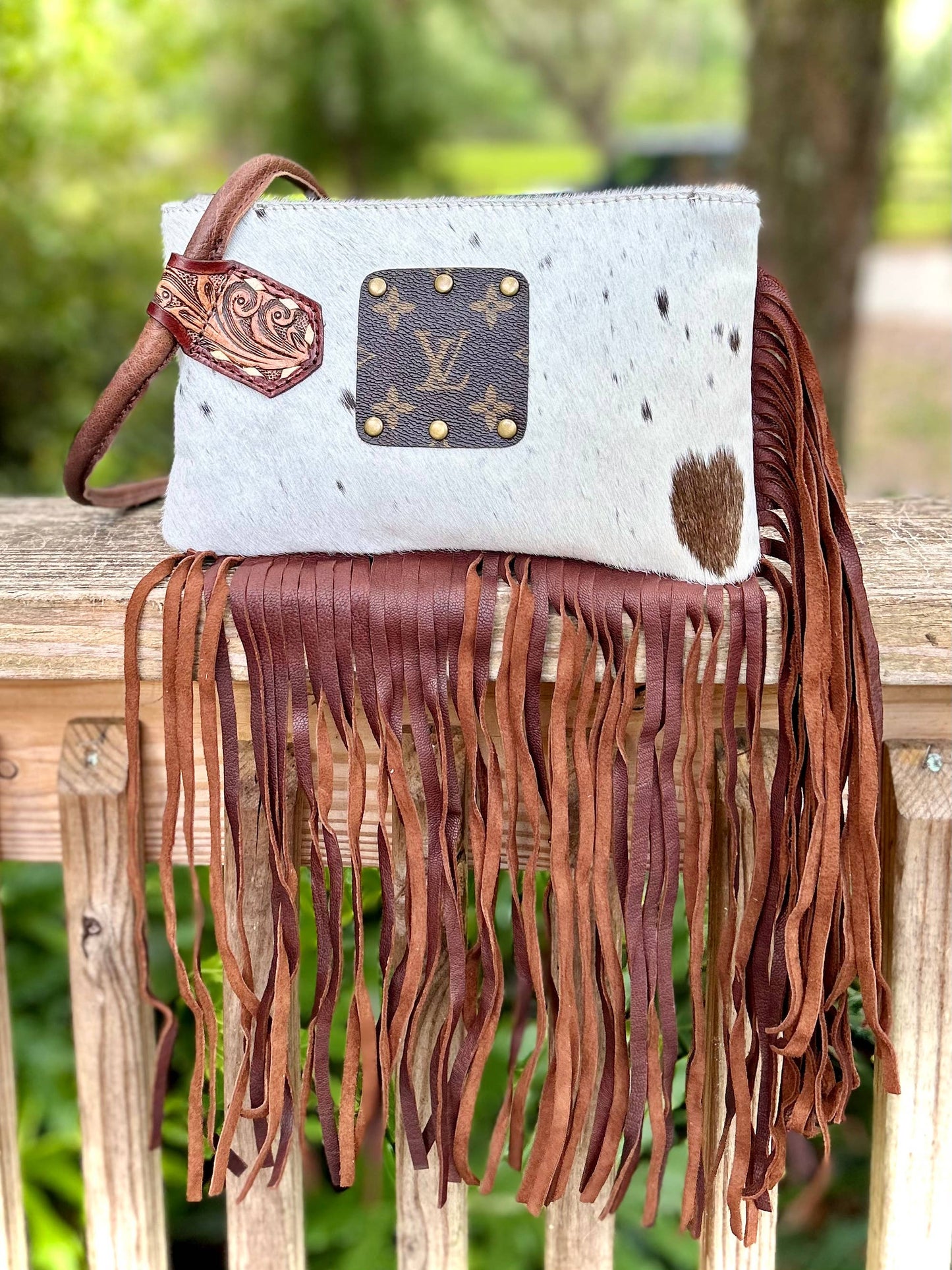 Upcycled LV Cowhide Leather Fringe Wristlet Wallet Bag Boho Southern Junkie