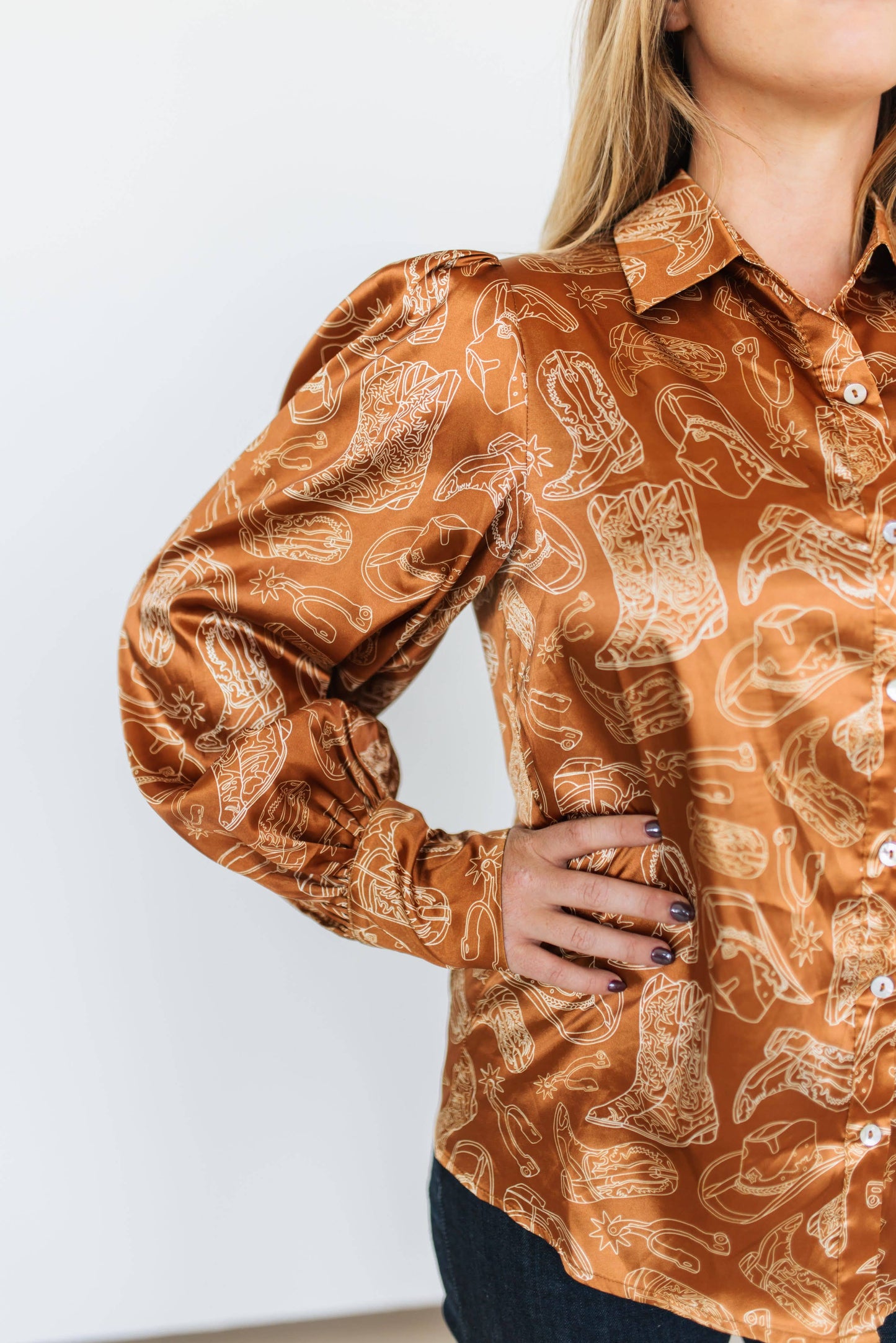 WESTERN THINGS Brown Satin Long Sleeve Blouse TH