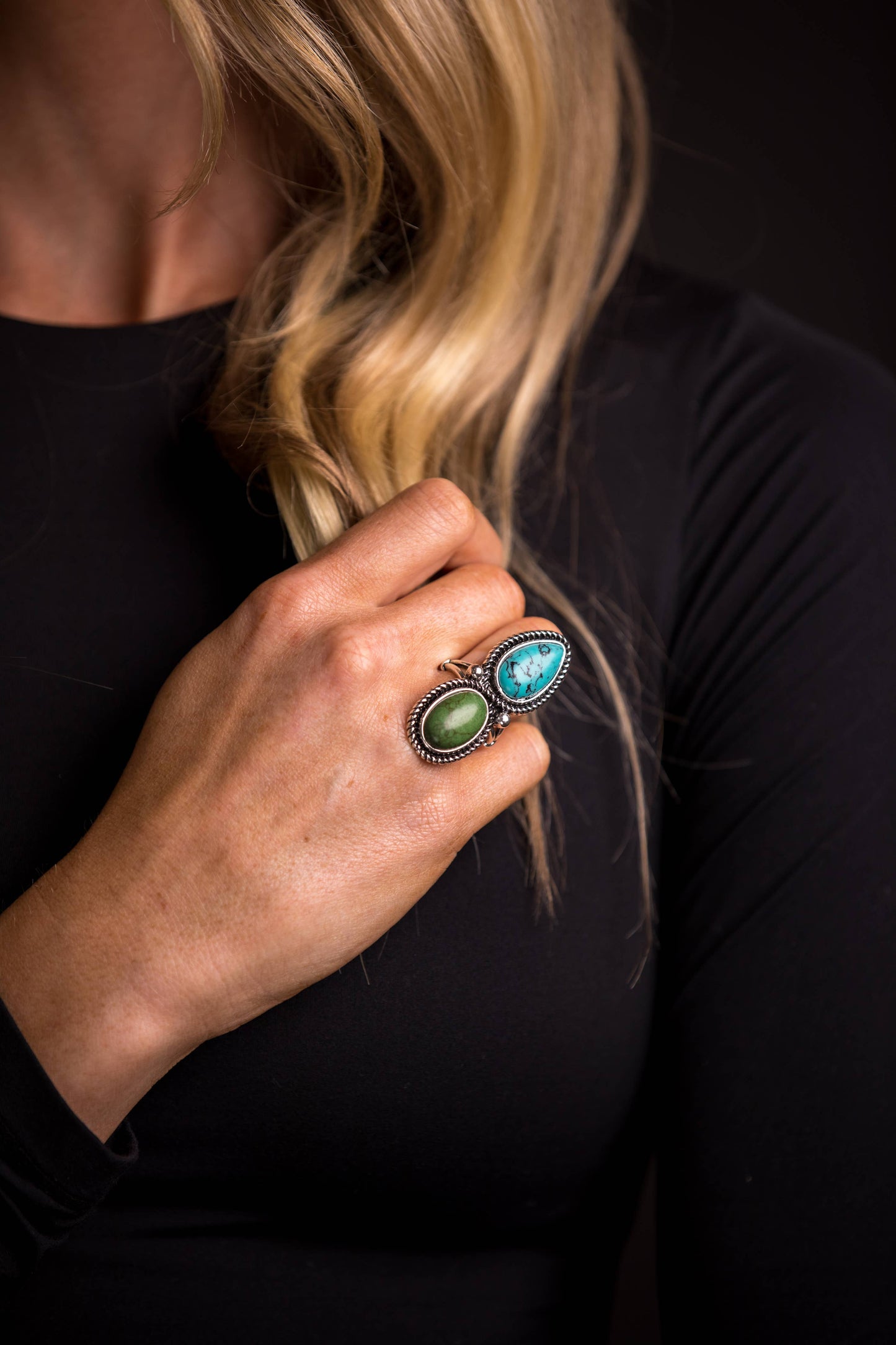 Green Teardrop and Oval Two Stone Ring west co