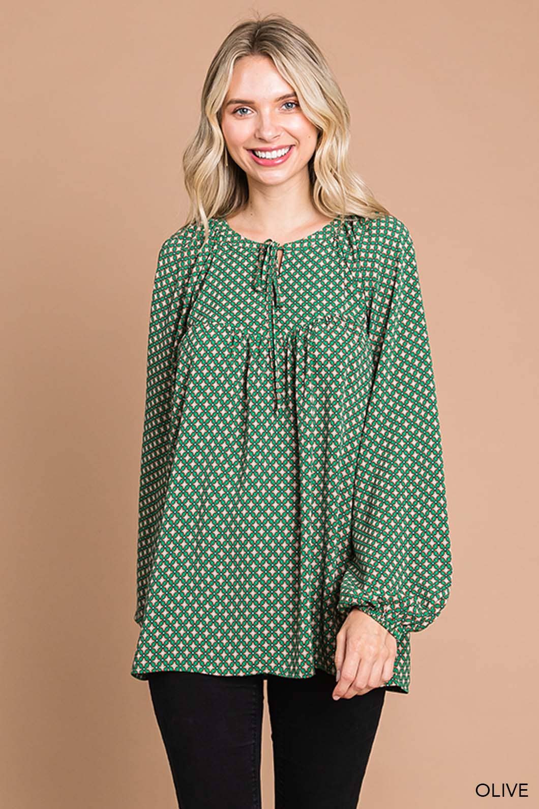 Boho Tile Print Bubble Sleeve Women's Blouse cotton blue