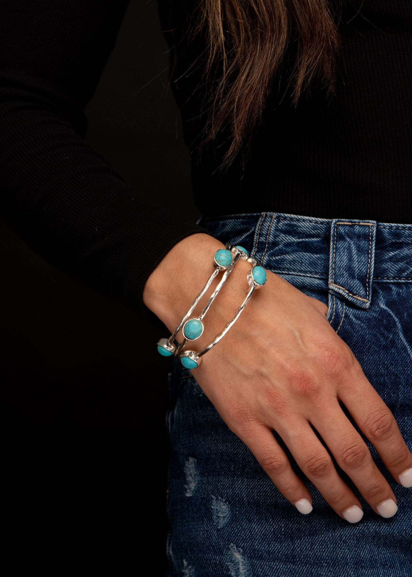 Set/3 Burnished Silver Bangles with TQ Ovals West Co