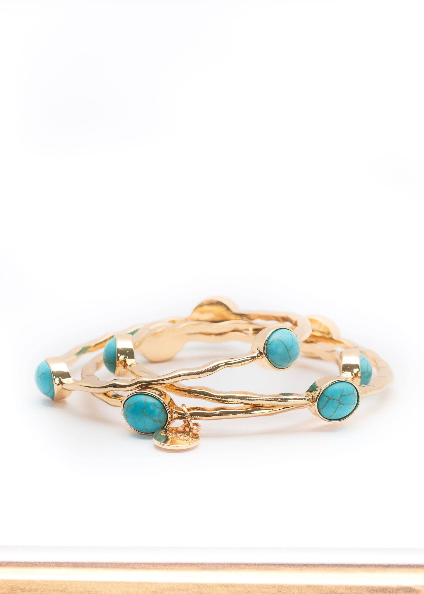 Set/3 Burnished Gold Bangles with TQ Ovals West Co