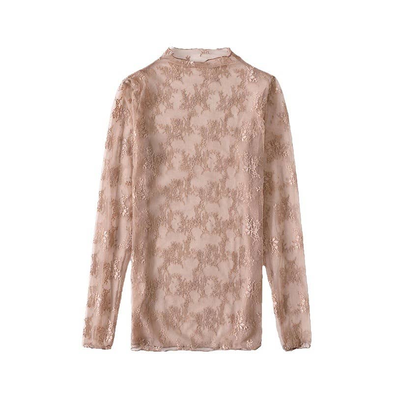 Semi Sheer Mesh Floral Lace Layering See Through Top: Caramel Rosa