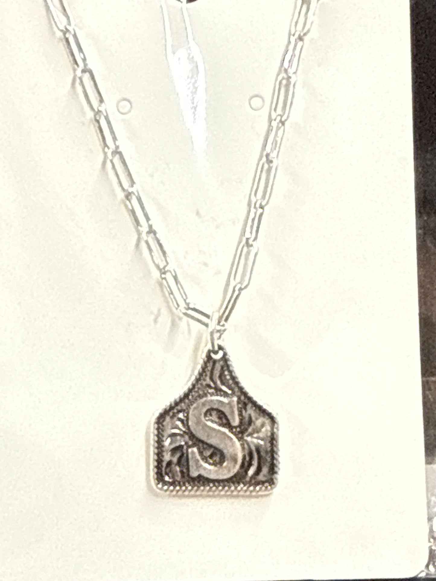 Tooled Cattle Tag Initial necklace