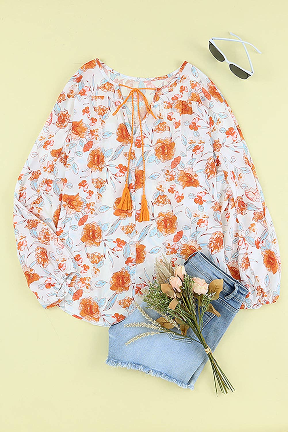 Orange Split V Neck Floral Print Dolman Blouse: Full Time Purchase