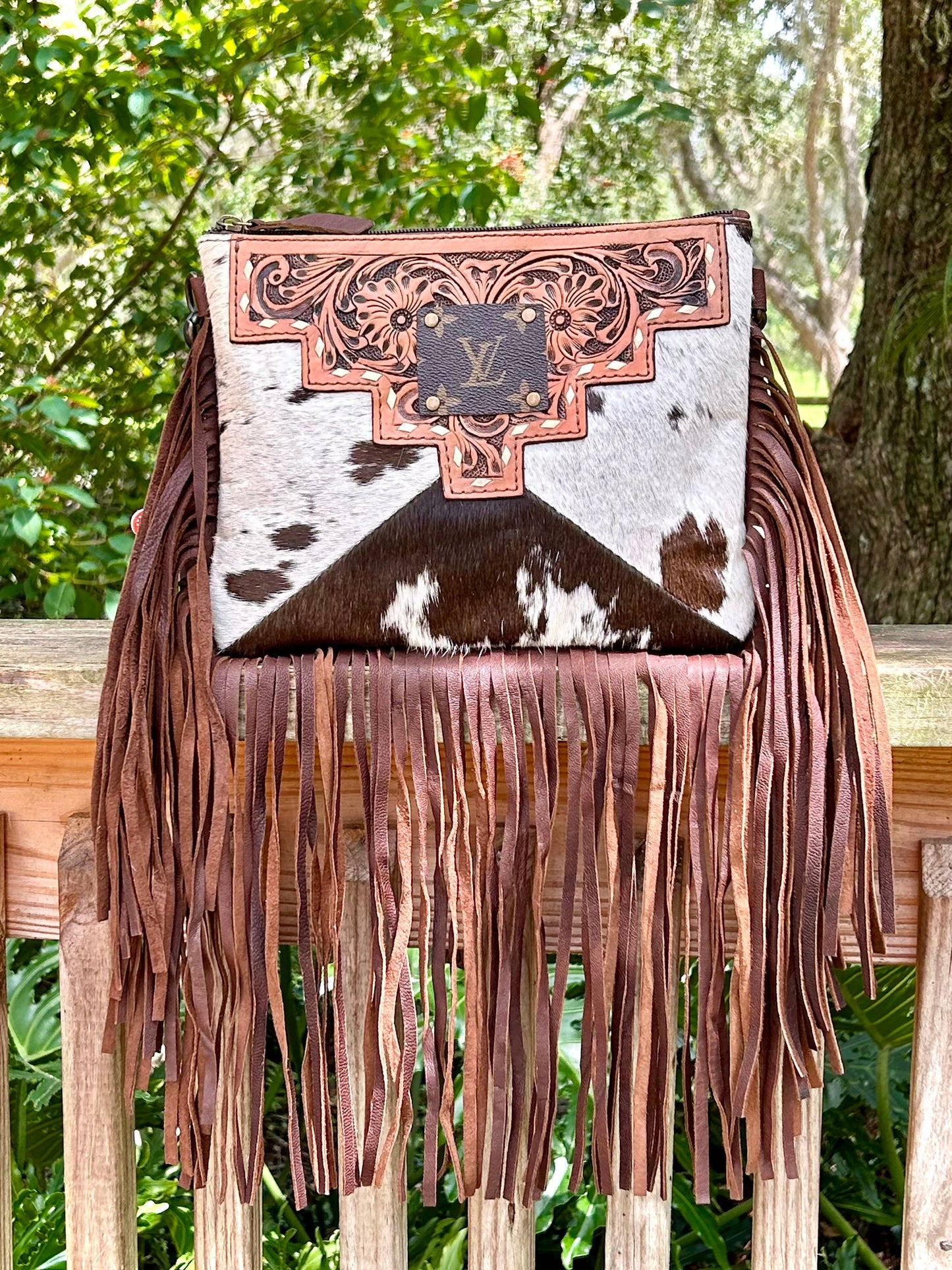 Upcycled LV Cowhide Leather Fringe Crossbody Bag Western southern Junkie