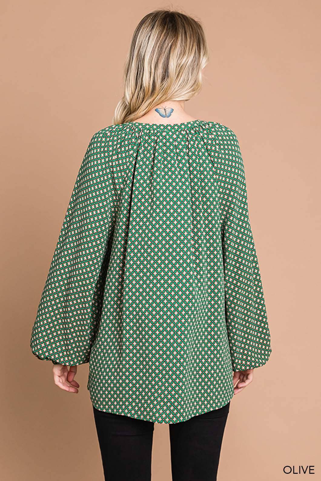 Boho Tile Print Bubble Sleeve Women's Blouse cotton blue