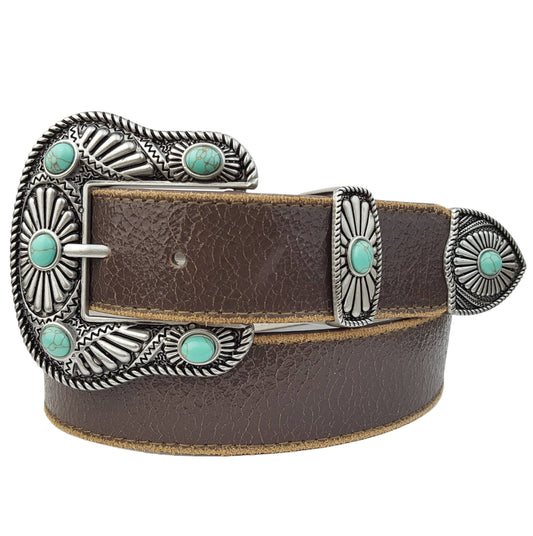 Vintage Leather belt with Western Buckle Set: Brown Axesoria West