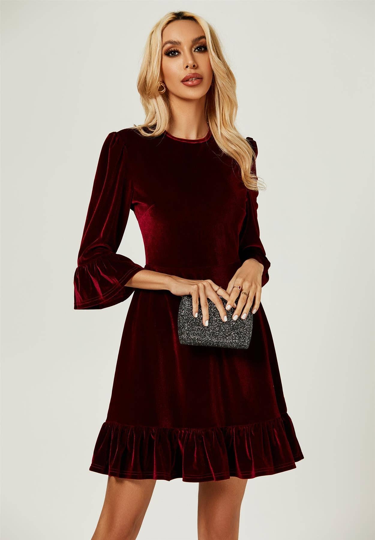 Velvet Frill Detail Mini Dress In Wine: Wine FS Collection