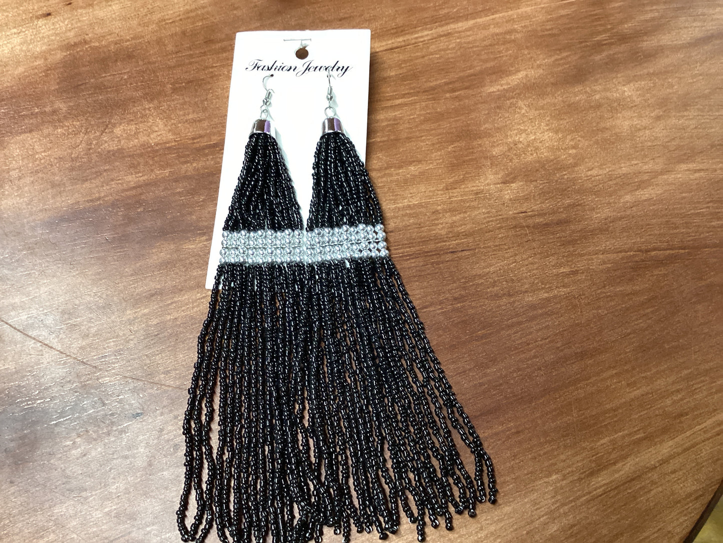 Long black seed beads w/silver