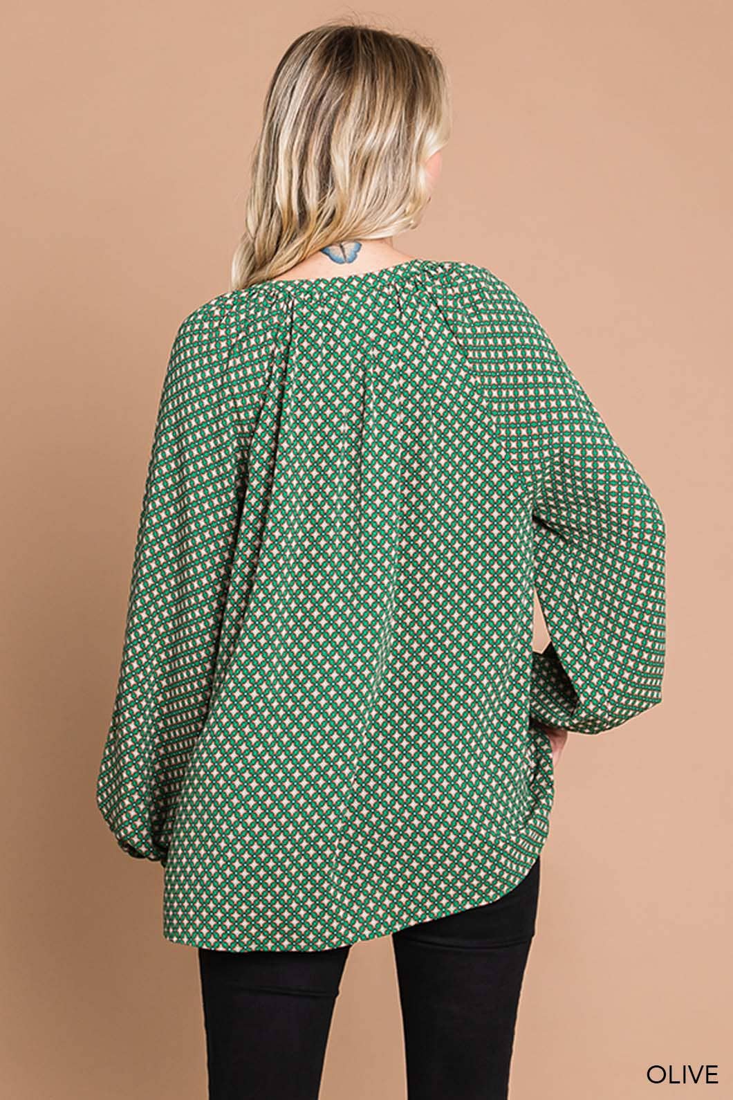 Boho Tile Print Bubble Sleeve Women's Blouse cotton blue