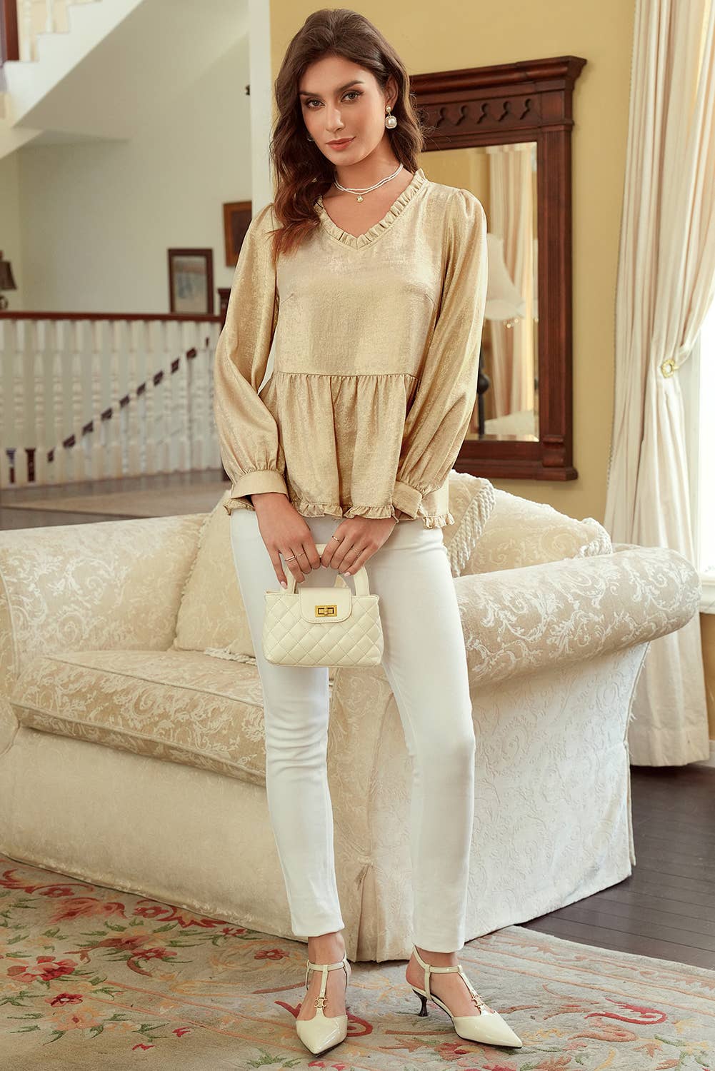 Metallic Frilled V Neck Puff Sleeve Babydoll Blouse: Gold 1 the Woman