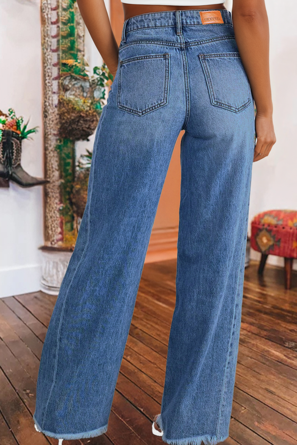 Western Frayed Edge Loose Straight High Waist Jeans: Dark Blue / fashionw