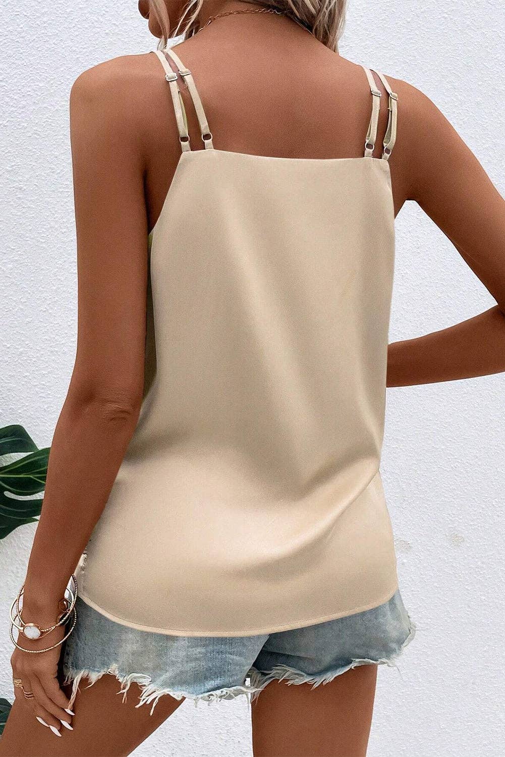 Wrap V Neck Ruched Satin Cami Top: Apricot / S-XL Full Time Purchase
