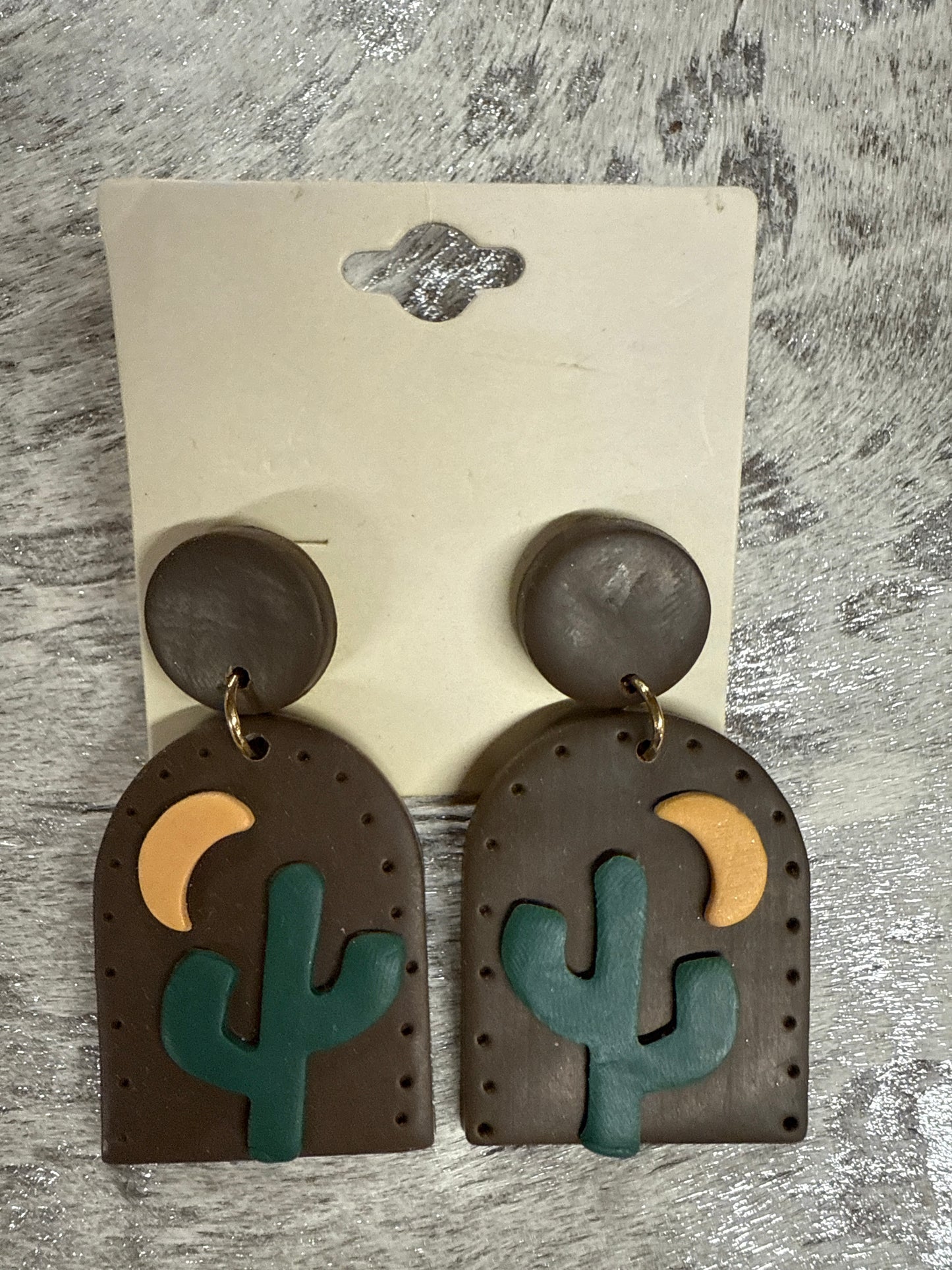 Brown Cactus Moon Earrings