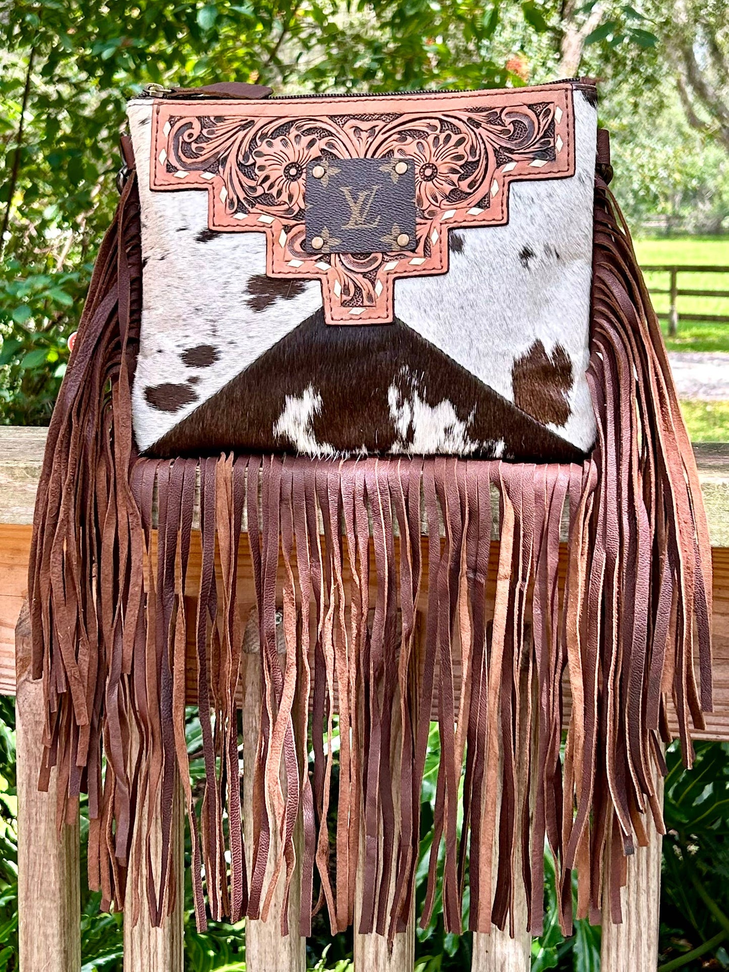 Upcycled LV Cowhide Leather Fringe Crossbody Bag Western southern Junkie