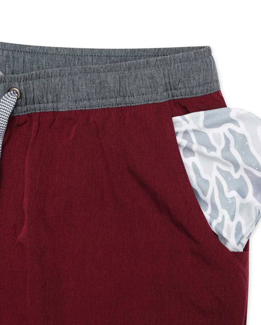 Maroon Athletic Shorts with White Camo Pocket and Lining Burlebo