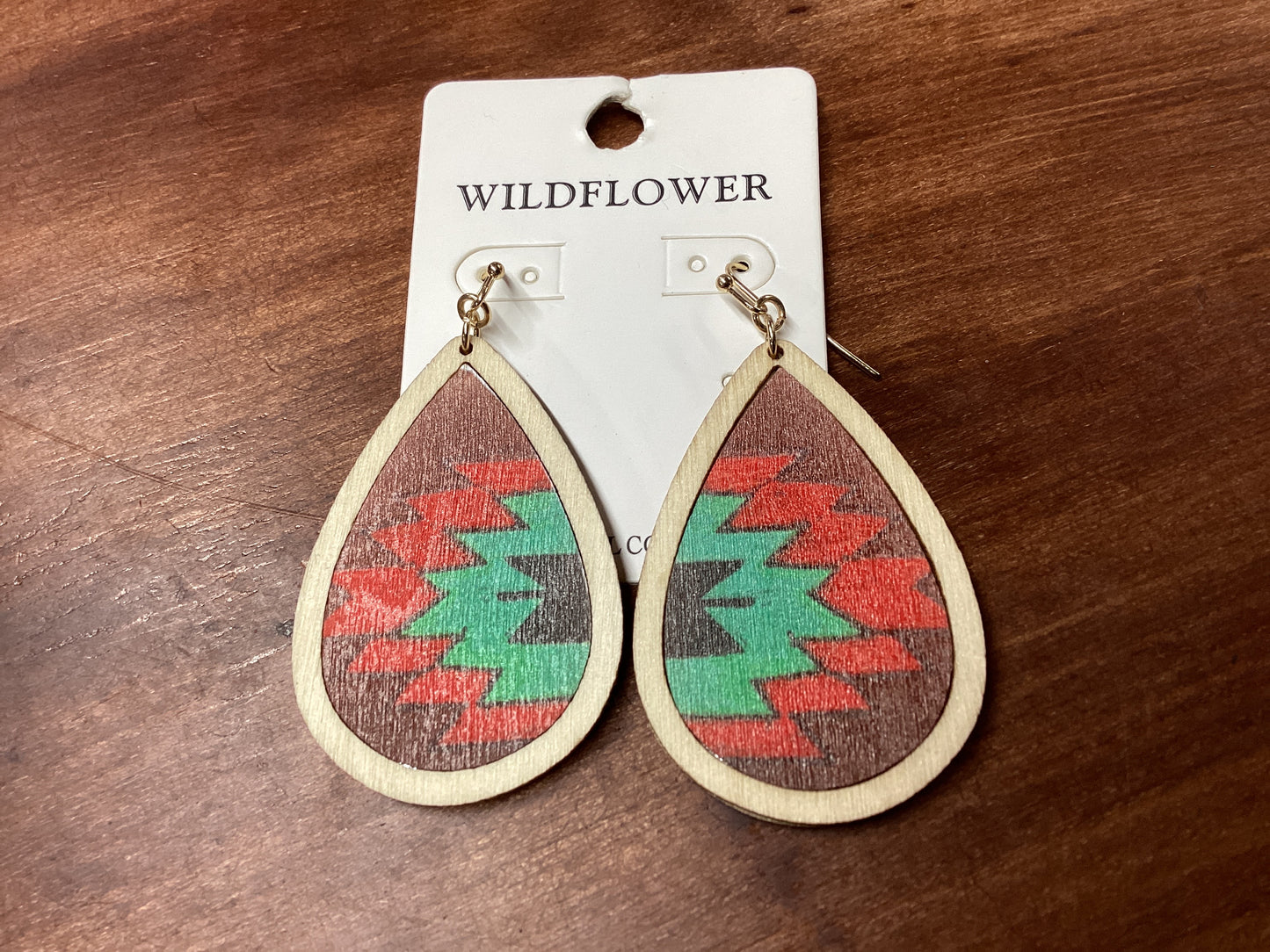 Aztec rust,red,green tear drop earrings