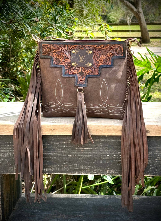 Upcycled LV Leather Suede Boot Stitch Fringe Crossbody Bag Southern Junkie