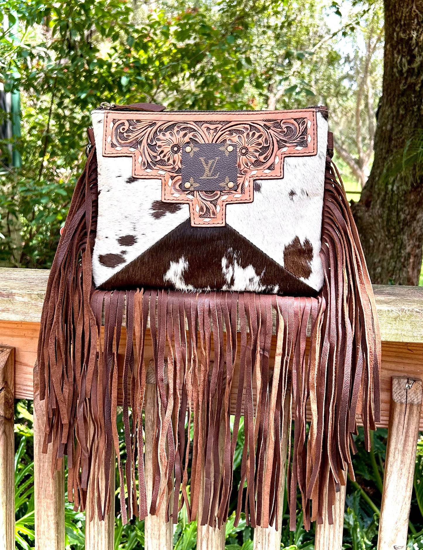 Upcycled LV Cowhide Leather Fringe Crossbody Bag Western southern Junkie
