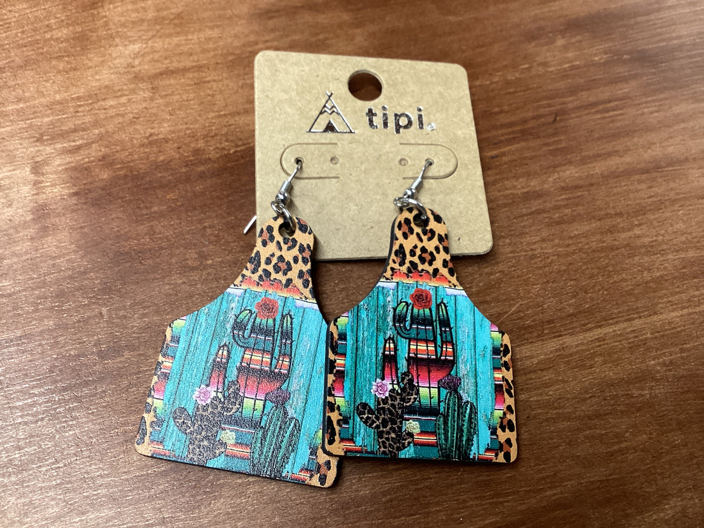 Tipi cactus cow tag earrings