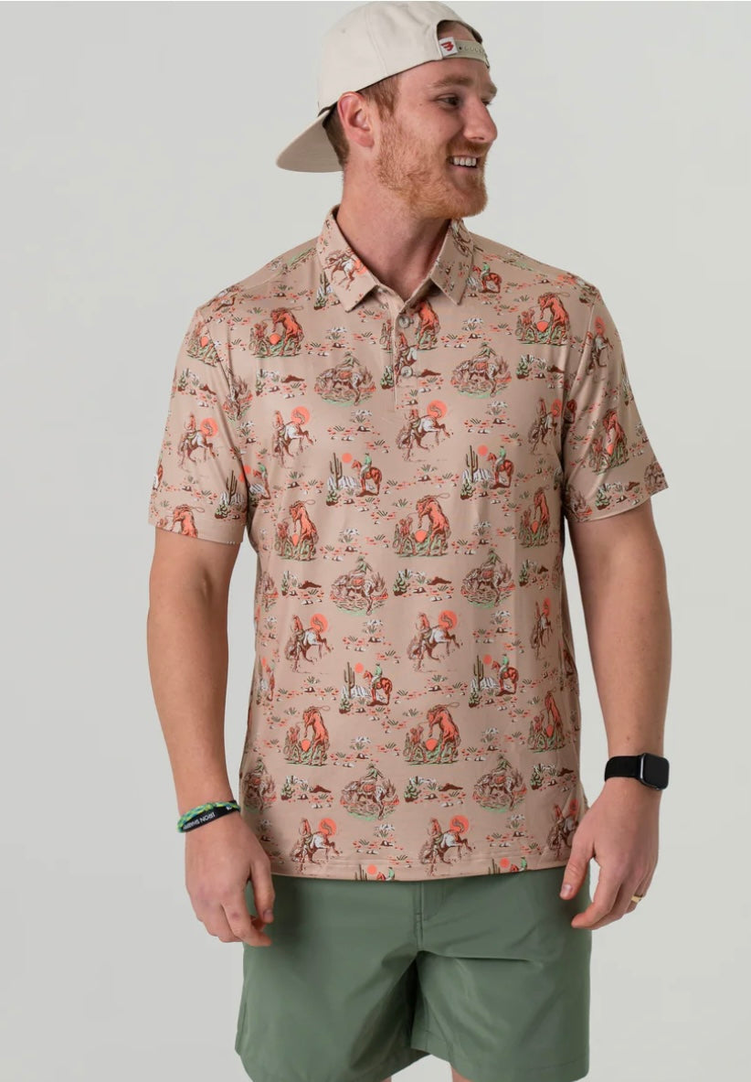 Cowboy Up Khaki Performance Polo Burlebo