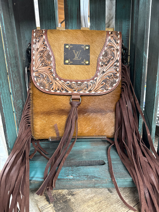 Upcycled LV Cowhide Leather Fringe Crossbody Bag Western Southern Junkie