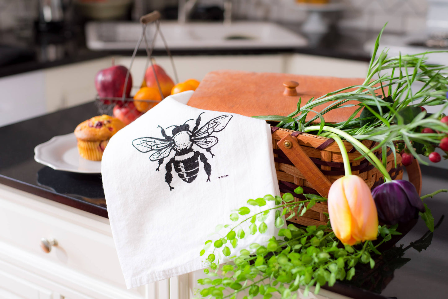 Bee Kitchen Towel | Tea Towels | Flour Sack Dish Towels: Black