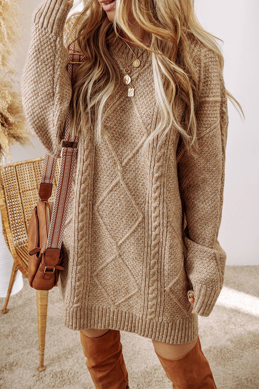 LDC Cable Knit Drop Shoulder Loose Fit Sweater Dress: Parchment Little Daisy Closet
