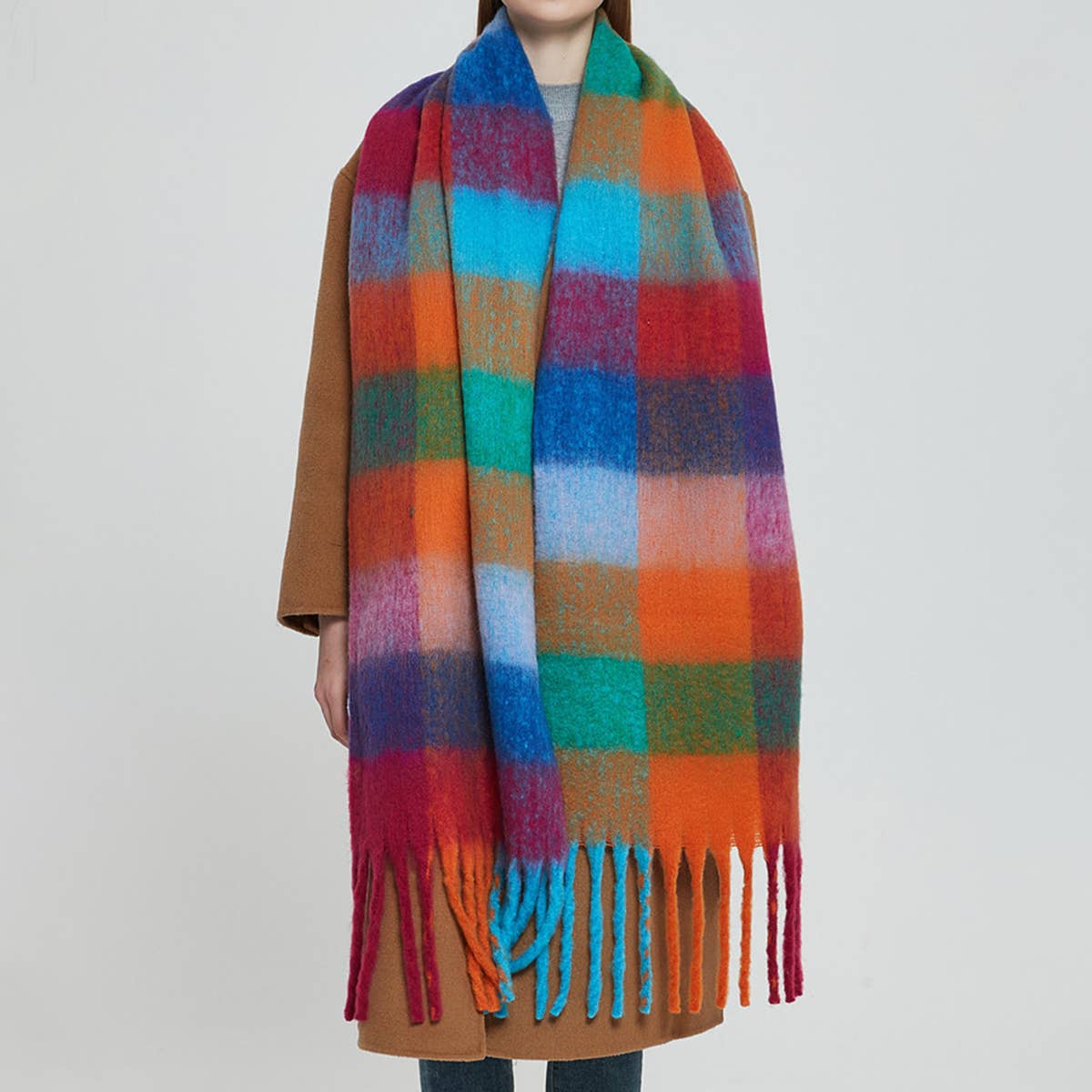 PLAID PATTERN FRINGE TRIM WINTER SCARF accity