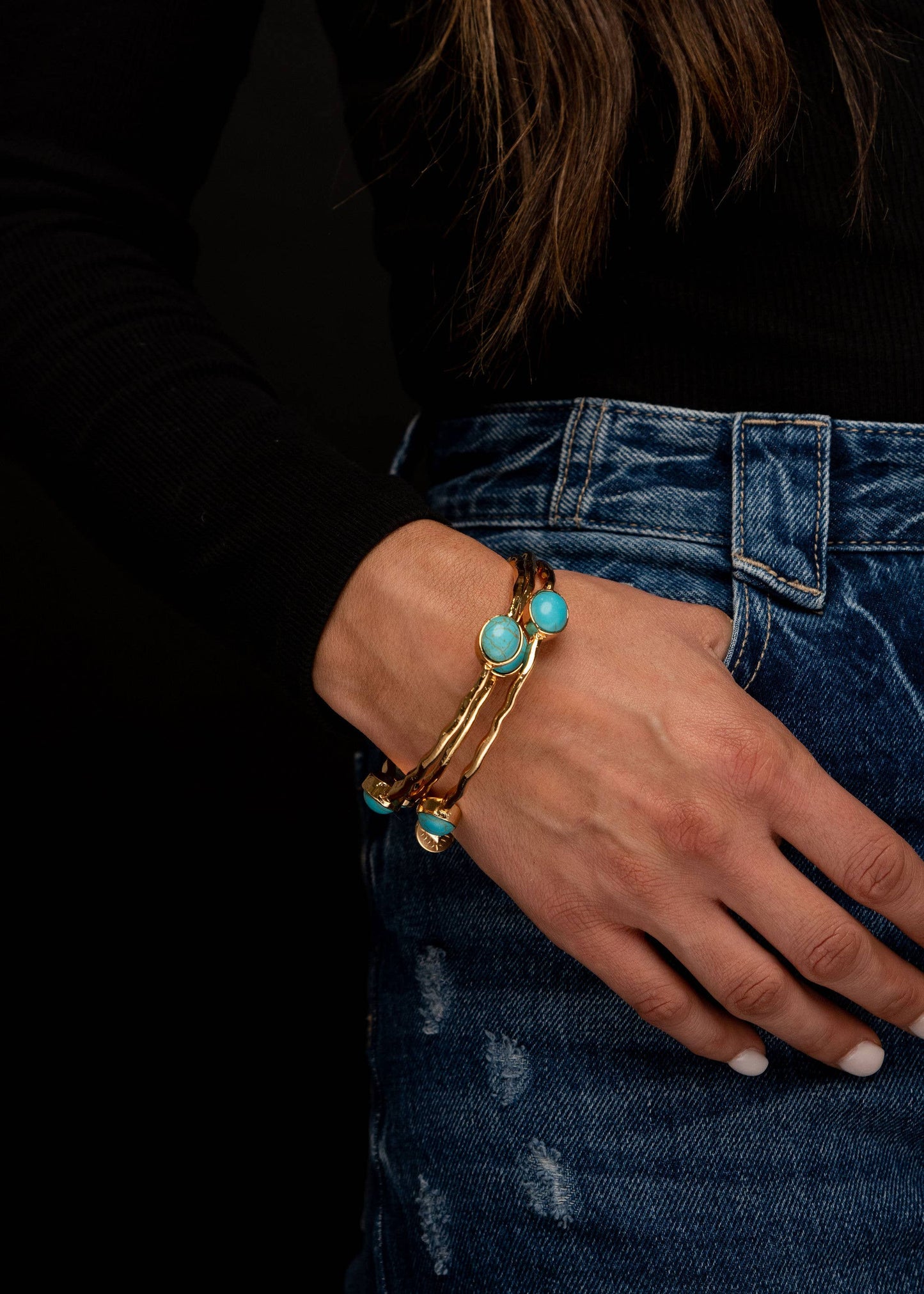 Set/3 Burnished Gold Bangles with TQ Ovals West Co