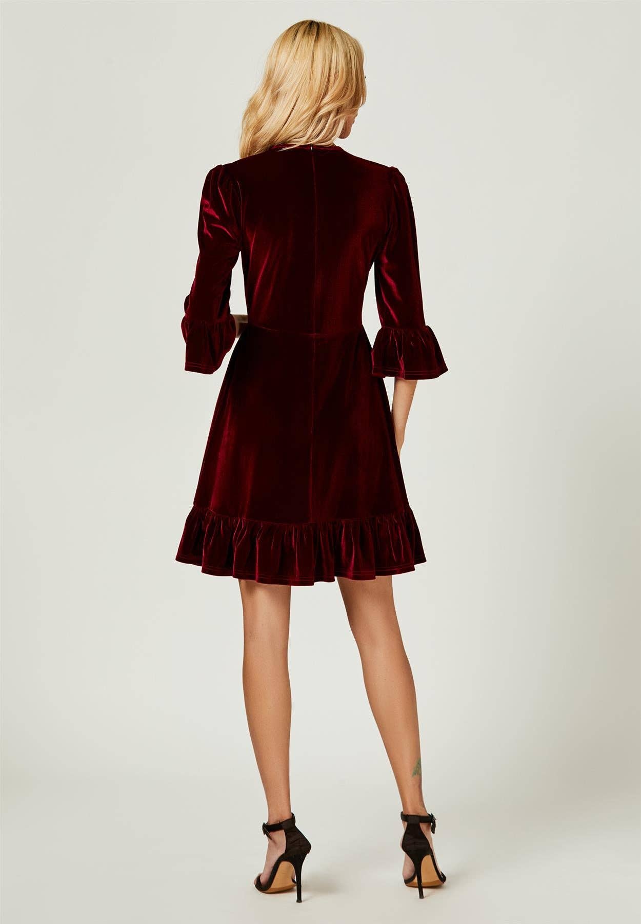Velvet Frill Detail Mini Dress In Wine: Wine FS Collection